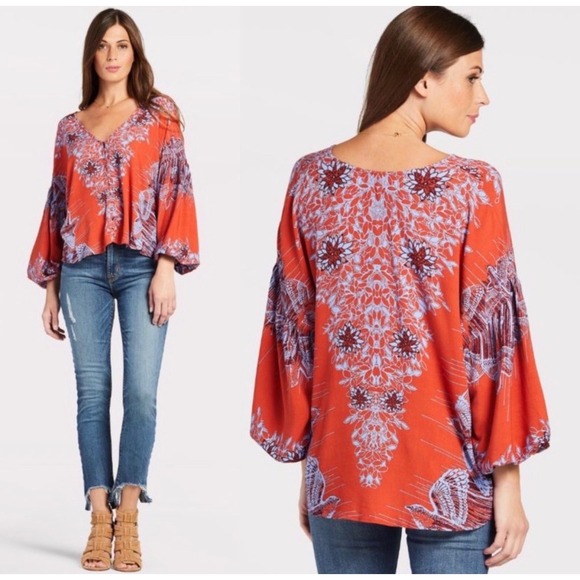 Free People Tops - Free People Boho Festival Bird Floral Print Long Balloon Sleeve Blouse Size S
